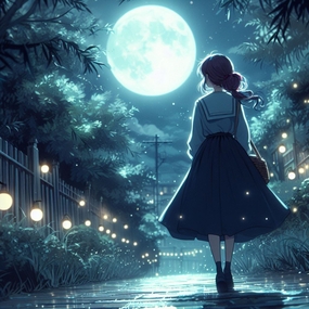 唯美月圆之夜动漫美女背影图片